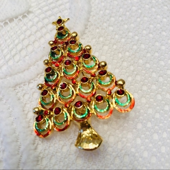 Christmas Brooch Bundle FIVE Gold Red Green Bell Tree Holiday Pins - Picture 8 of 11